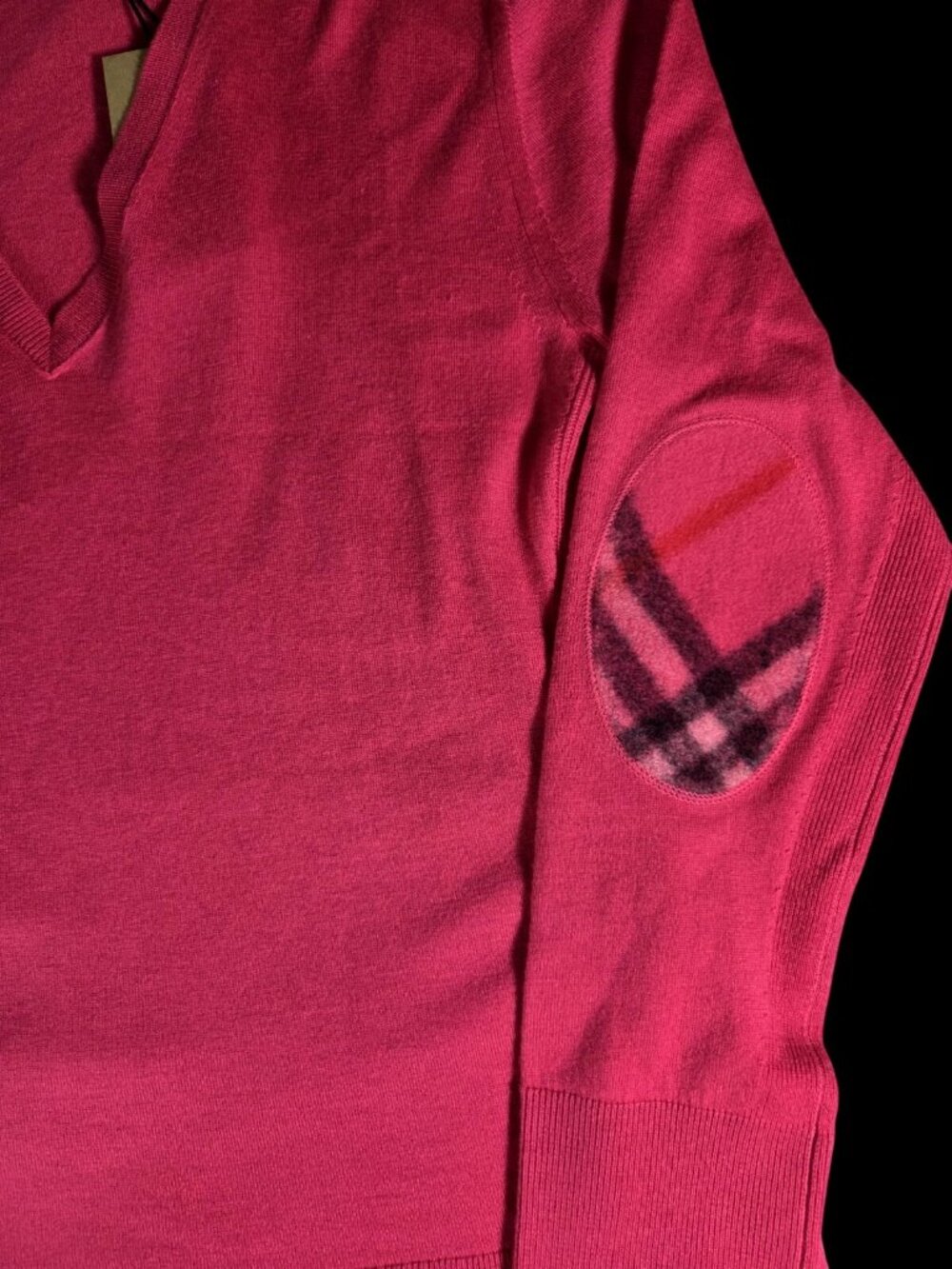 NWT Burberry Womens Bright Pink Cashmere Elbow Patch Check V Neck Sweater Sz M - Picture 2 of 7